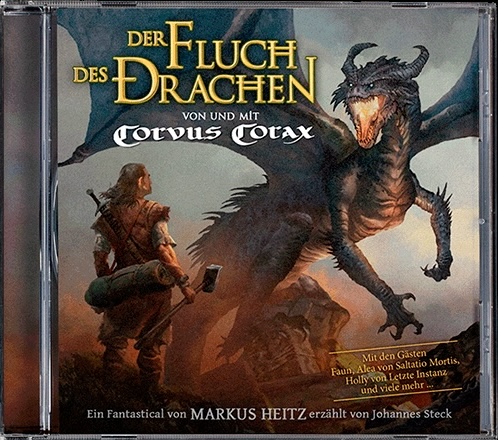 Titelbild des Hörspiels mit einem Schmied, der vor einem Drachen steht